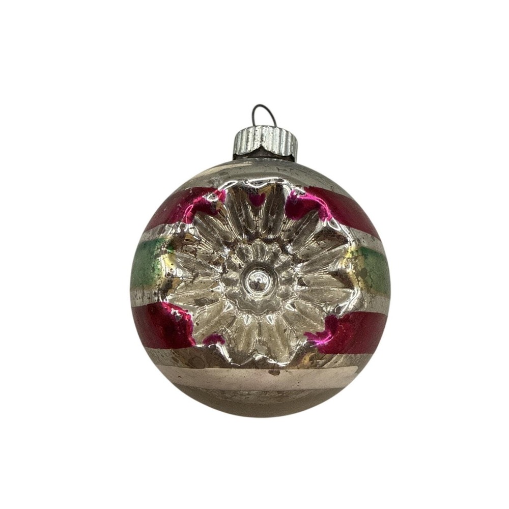 Shiny Brite Double Indent Pink Green White Stripe Mercury Glass Ornament 2.5"